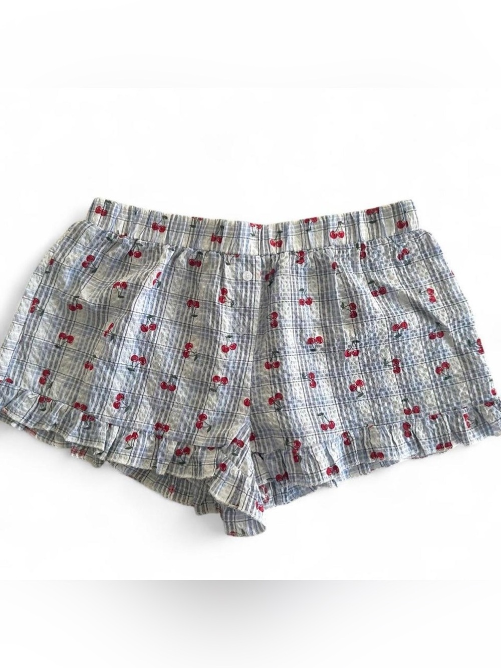 Light Blue & White Cherry Print Ruffle Shorts